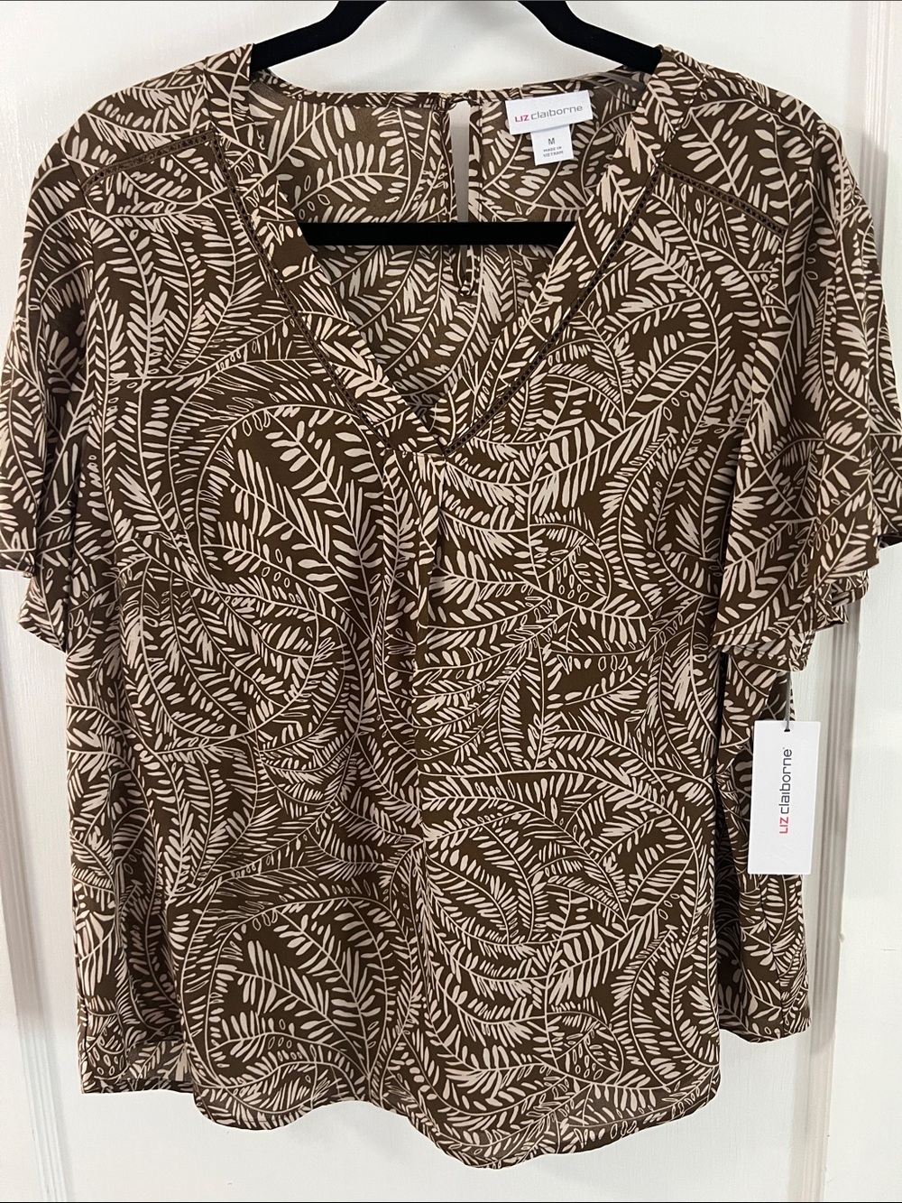Liz Claiborne Brown and Cream Leaf-Print Blouse Sz M